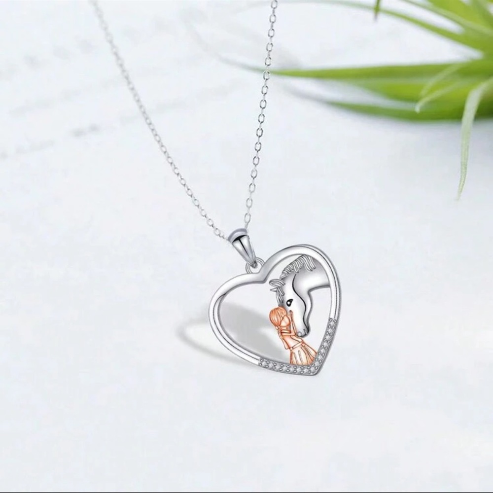 Heart Necklace with Horse and Girl, Girl and Horse Necklace - Picture 3 of 4